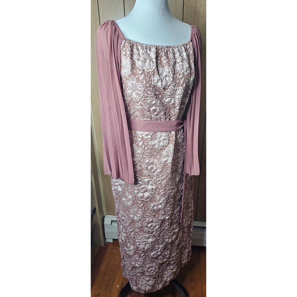 Romantic Mauve Pink Floral Maxi Dress XL Pleated Cape Sleeve Tie Waist Formal